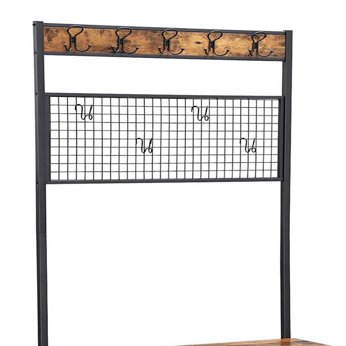 Metal Coat Rack with Wooden Bench, Two Mesh Shelves and Grid Panel, Brown and Black