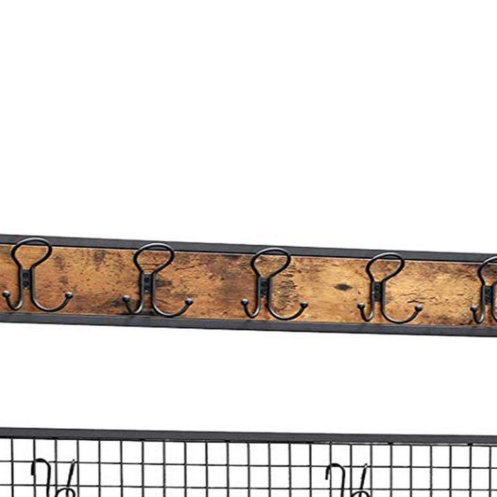 Metal Coat Rack with Wooden Bench, Two Mesh Shelves and Grid Panel, Brown and Black