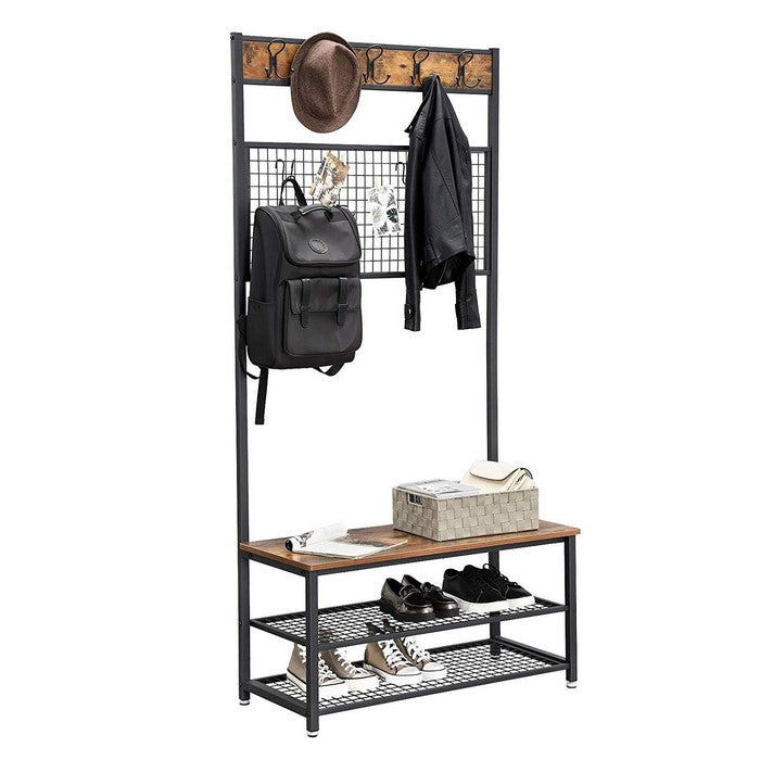 Metal Coat Rack with Wooden Bench, Two Mesh Shelves and Grid Panel, Brown and Black