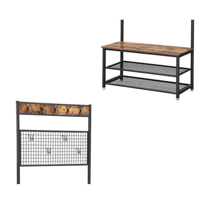 Metal Coat Rack with Wooden Bench, Two Mesh Shelves and Grid Panel, Brown and Black