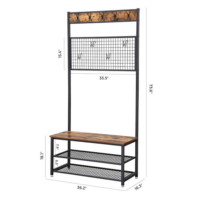 Metal Coat Rack with Wooden Bench, Two Mesh Shelves and Grid Panel, Brown and Black
