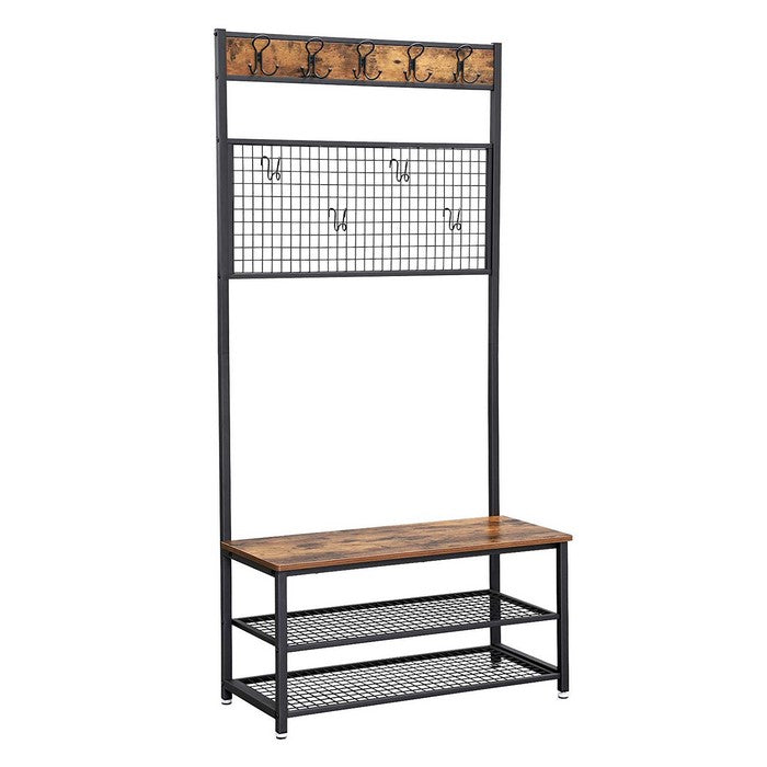 Metal Coat Rack with Wooden Bench, Two Mesh Shelves and Grid Panel, Brown and Black