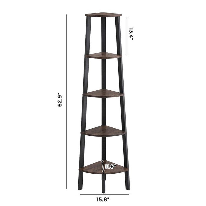 Industrial Style Free Standing Iron Bookcase with Five Wooden Shelves, Brown and Black