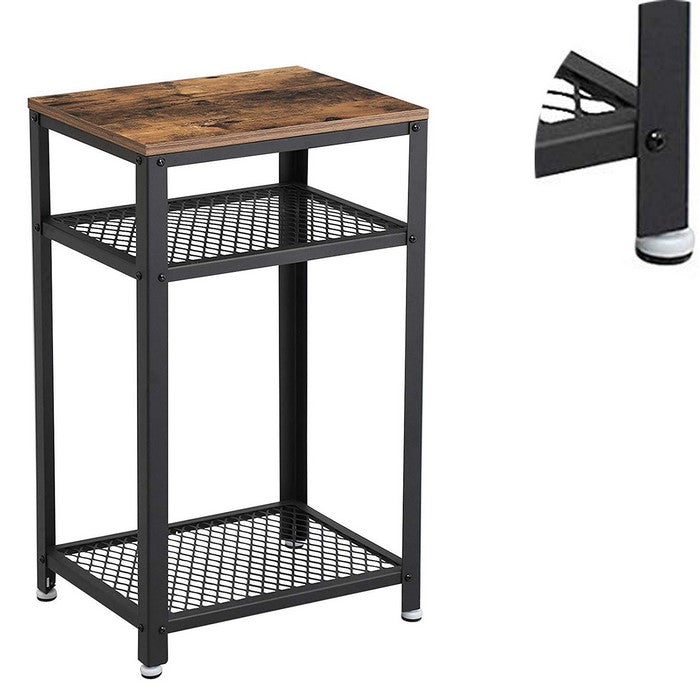 Industrial Style Iron and Wood Side Table with Two Tier Mesh Shelves, Black and Brown