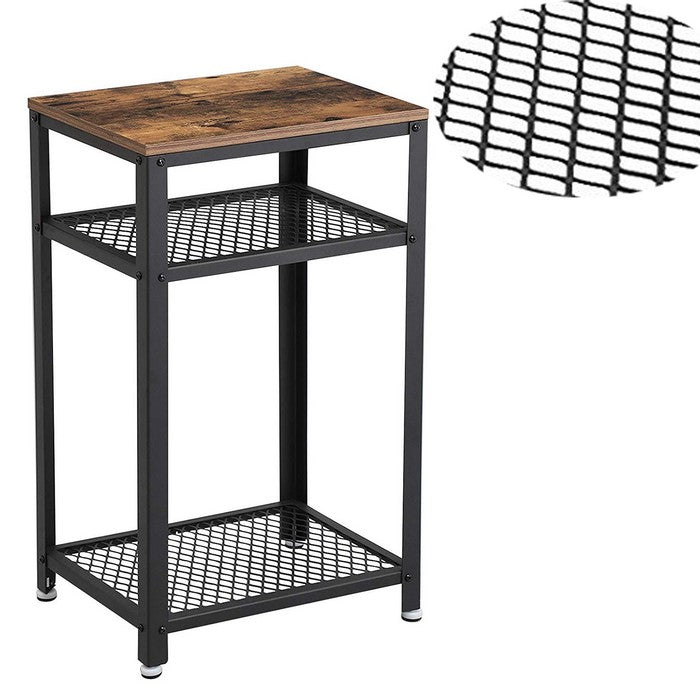 Industrial Style Iron and Wood Side Table with Two Tier Mesh Shelves, Black and Brown