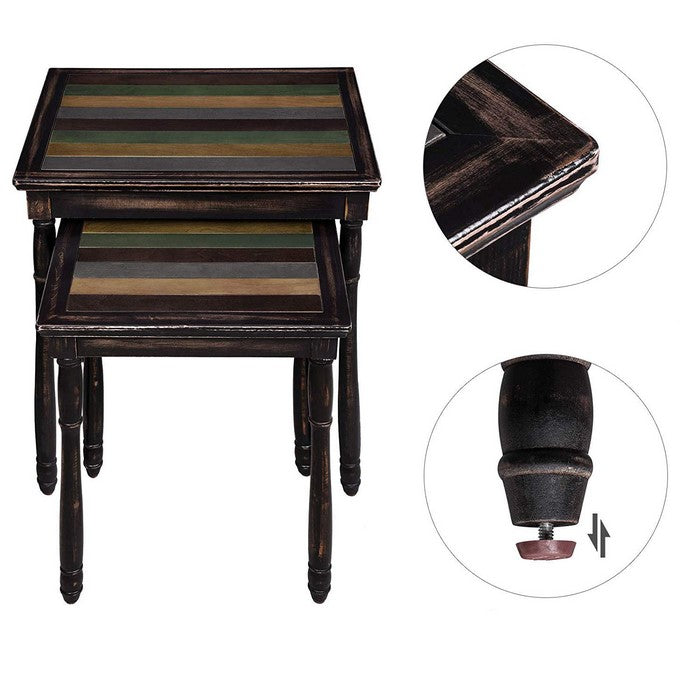 Wooden Nesting Side Table with Plank Style Top and Adjustable Feet, Pack of Two, Brown