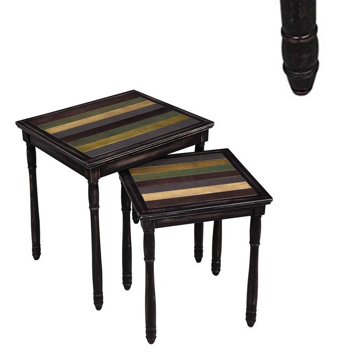 Wooden Nesting Side Table with Plank Style Top and Adjustable Feet, Pack of Two, Brown
