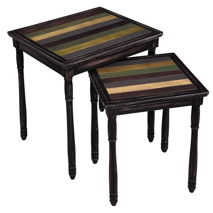 Wooden Nesting Side Table with Plank Style Top and Adjustable Feet, Pack of Two, Brown