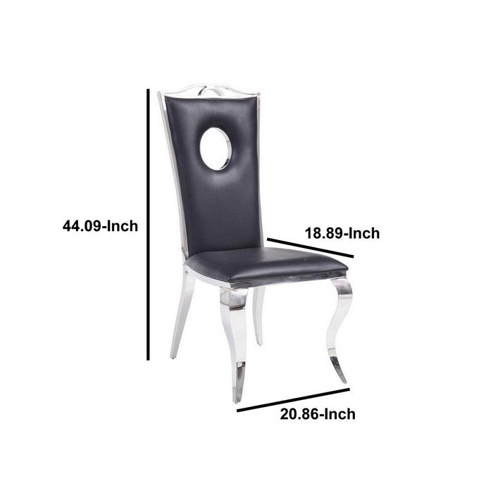 Leatherette Upholstered Metal Side Chairs with Cabriole Style Legs, Black and Silver, Set of Two