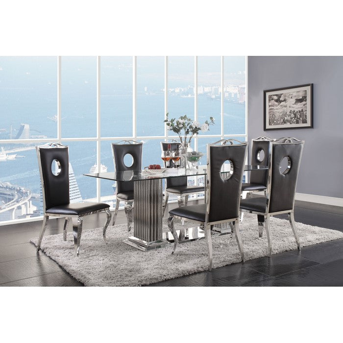 Leatherette Upholstered Metal Side Chairs with Cabriole Style Legs, Black and Silver, Set of Two