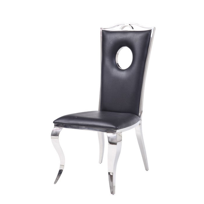 Leatherette Upholstered Metal Side Chairs with Cabriole Style Legs, Black and Silver, Set of Two