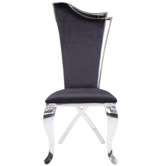 Fabric Upholstered Metal Side Chairs with Asymmetrical Backrest, Silver and Black, Set of Two