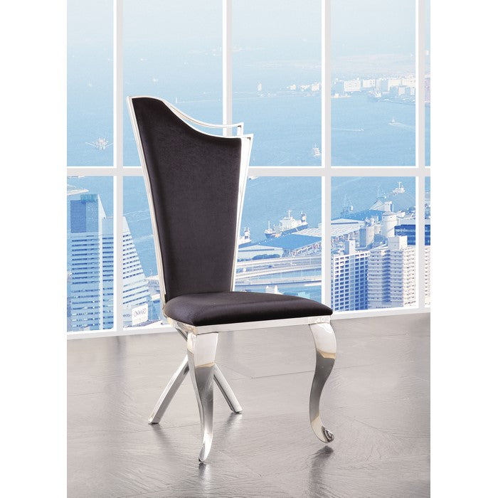 Fabric Upholstered Metal Side Chairs with Asymmetrical Backrest, Silver and Black, Set of Two