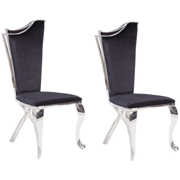 Fabric Upholstered Metal Side Chairs with Asymmetrical Backrest, Silver and Black, Set of Two