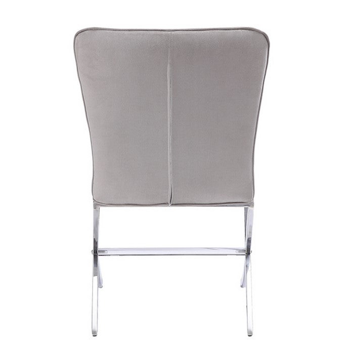 Velvet Upholstered Metal Side Chair with X Style Base, Light Gray and Silver, Set of Two