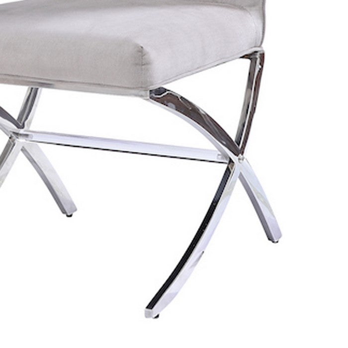 Velvet Upholstered Metal Side Chair with X Style Base, Light Gray and Silver, Set of Two