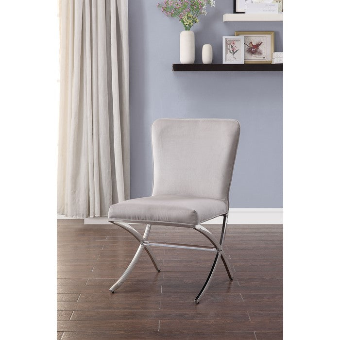 Velvet Upholstered Metal Side Chair with X Style Base, Light Gray and Silver, Set of Two