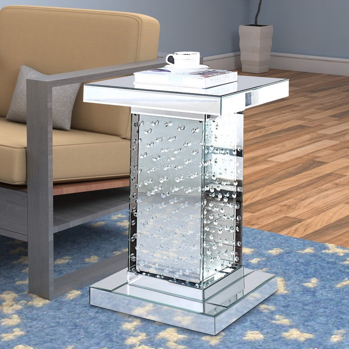 Wood and Mirror End Table with Faux Crystal Inlays, Clear