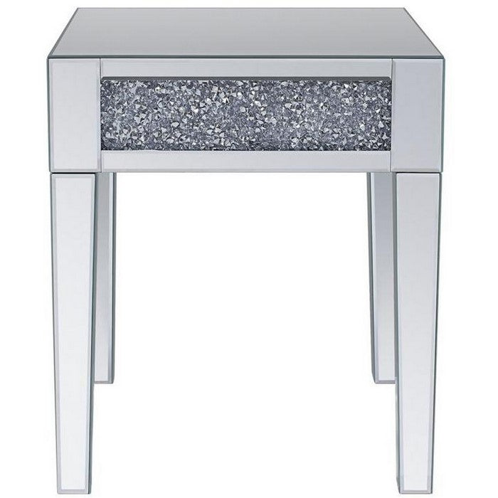 Wood and Mirror End Table with Faux Crystals Inlay, Clear