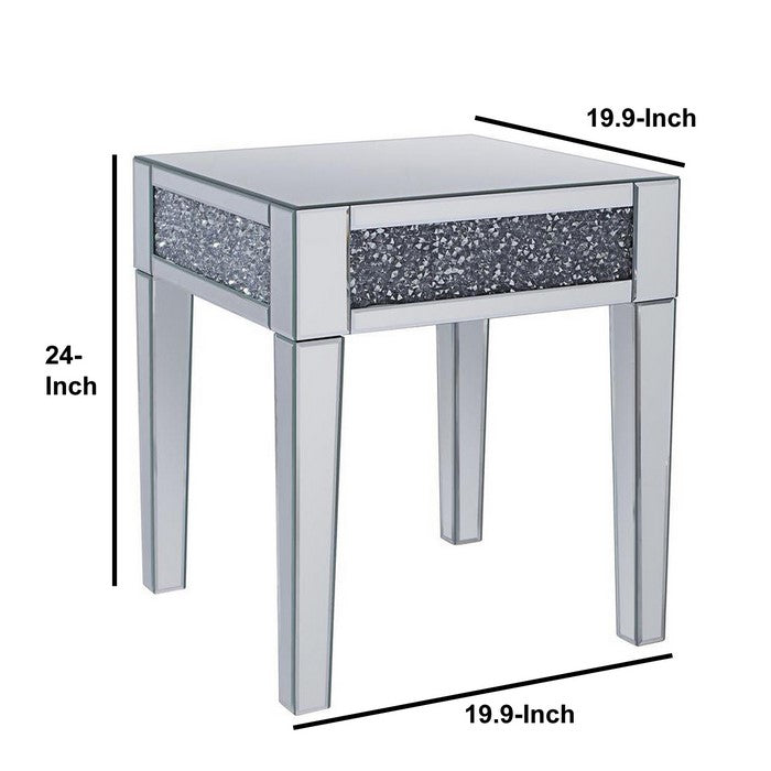 Wood and Mirror End Table with Faux Crystals Inlay, Clear