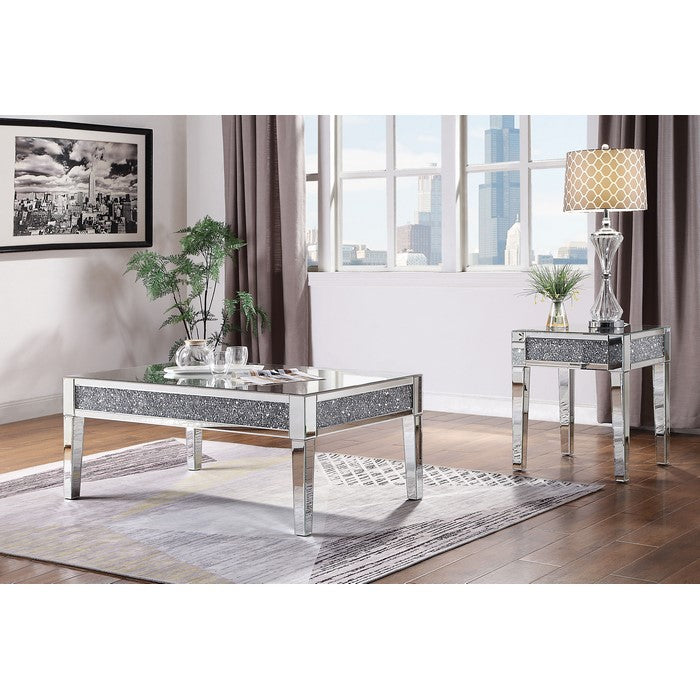 Wood and Mirror End Table with Faux Crystals Inlay, Clear