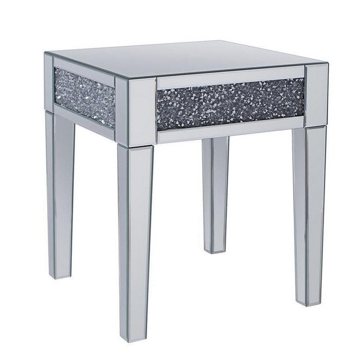 Wood and Mirror End Table with Faux Crystals Inlay, Clear