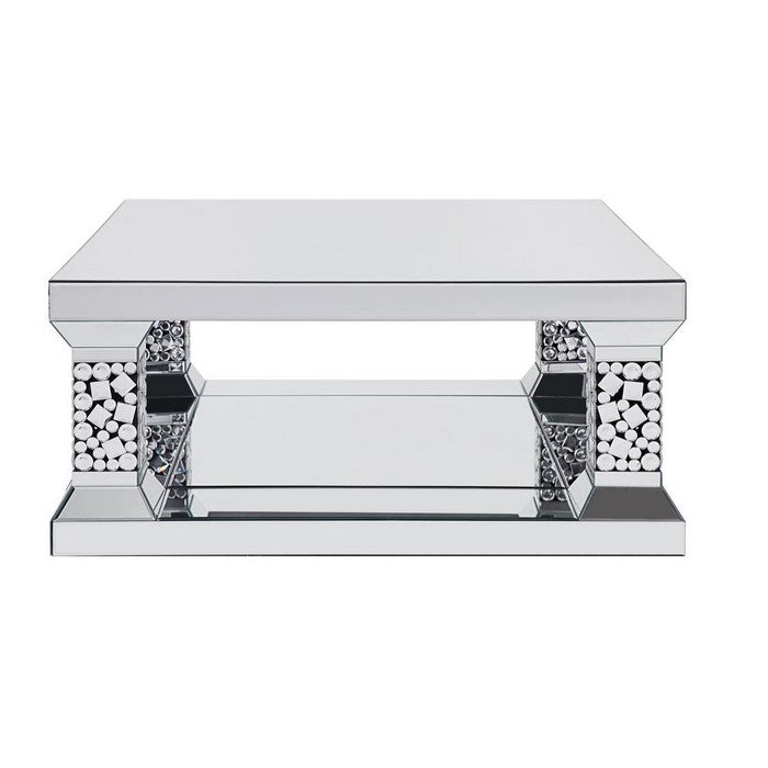 Mirrored Coffee Table with Open Bottom Shelf and Faux Crystals, Silver