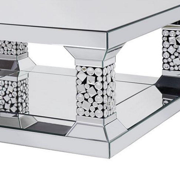 Mirrored Coffee Table with Open Bottom Shelf and Faux Crystals, Silver
