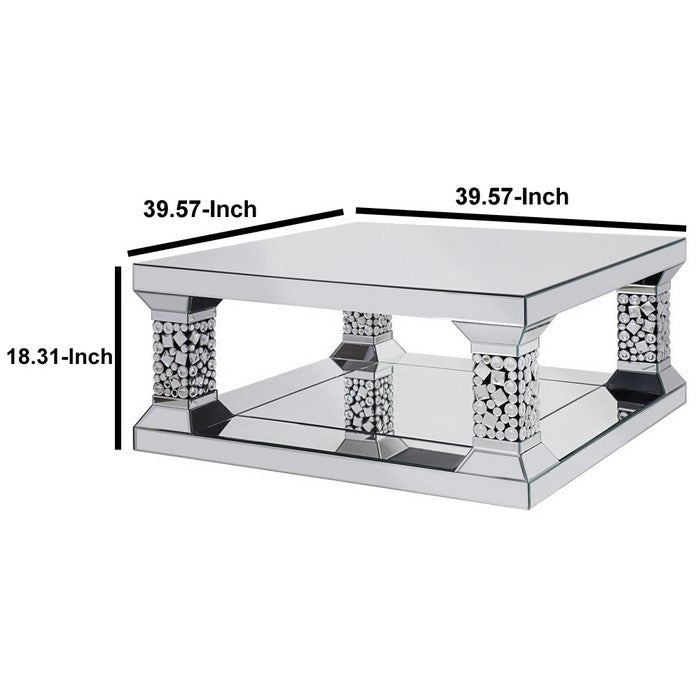 Mirrored Coffee Table with Open Bottom Shelf and Faux Crystals, Silver