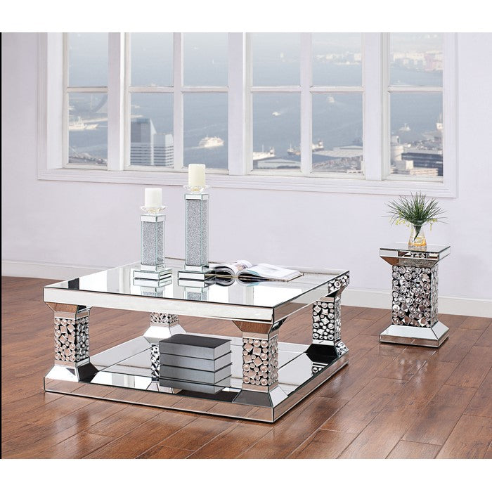 Mirrored Coffee Table with Open Bottom Shelf and Faux Crystals, Silver