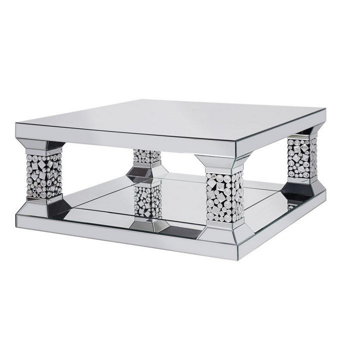 Mirrored Coffee Table with Open Bottom Shelf and Faux Crystals, Silver