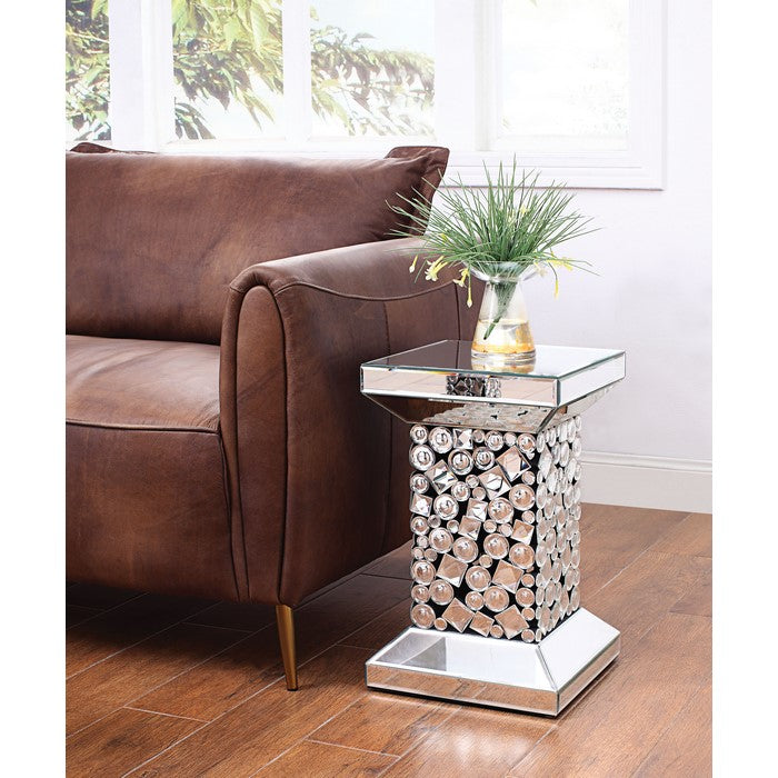 Wood and Mirror End Table with One Shelf, Clear and Black
