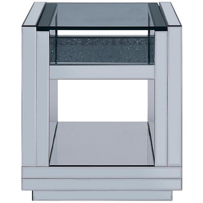 Square Wooden End Table with Mirror Panel Inserts and Faux Crystals, Silver