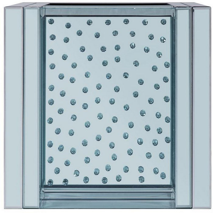 Square Wooden End Table with Mirror Panel Inserts and Faux Crystals, Silver