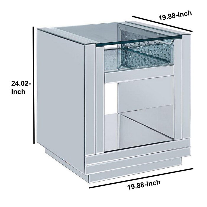 Square Wooden End Table with Mirror Panel Inserts and Faux Crystals, Silver