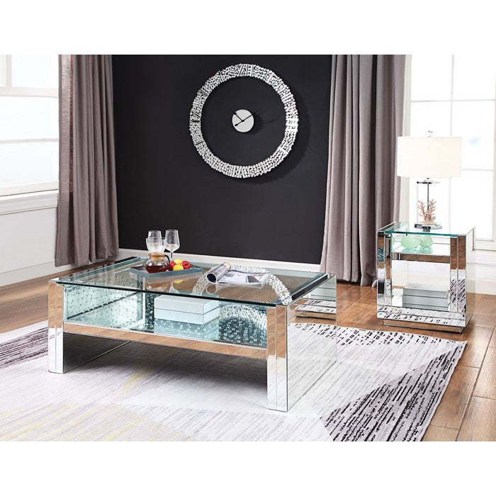 Square Wooden End Table with Mirror Panel Inserts and Faux Crystals, Silver