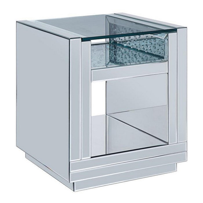 Square Wooden End Table with Mirror Panel Inserts and Faux Crystals, Silver