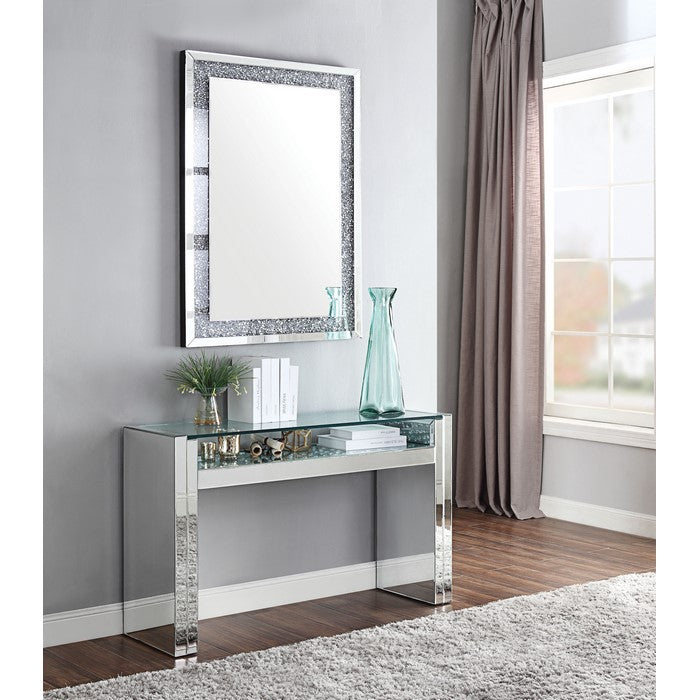Wood and Mirror Sofa Table with Studded Faux Crystals, Clear