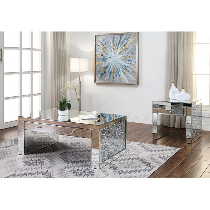 Wood and Mirror Coffee Table with Two Drawers, Clear
