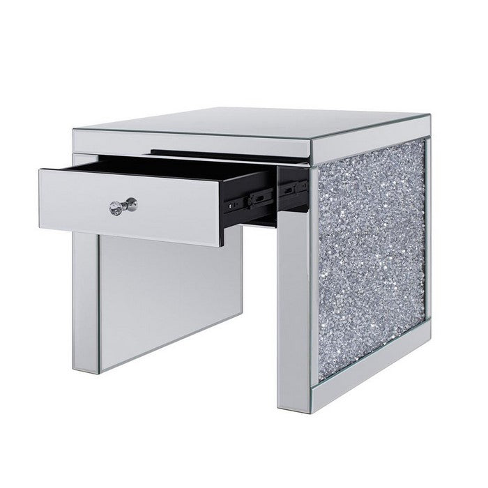 Wood and Mirror End Table with One Drawer, Clear