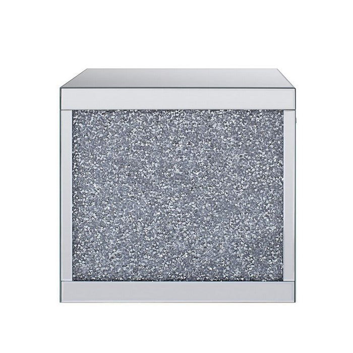 Wood and Mirror End Table with One Drawer, Clear