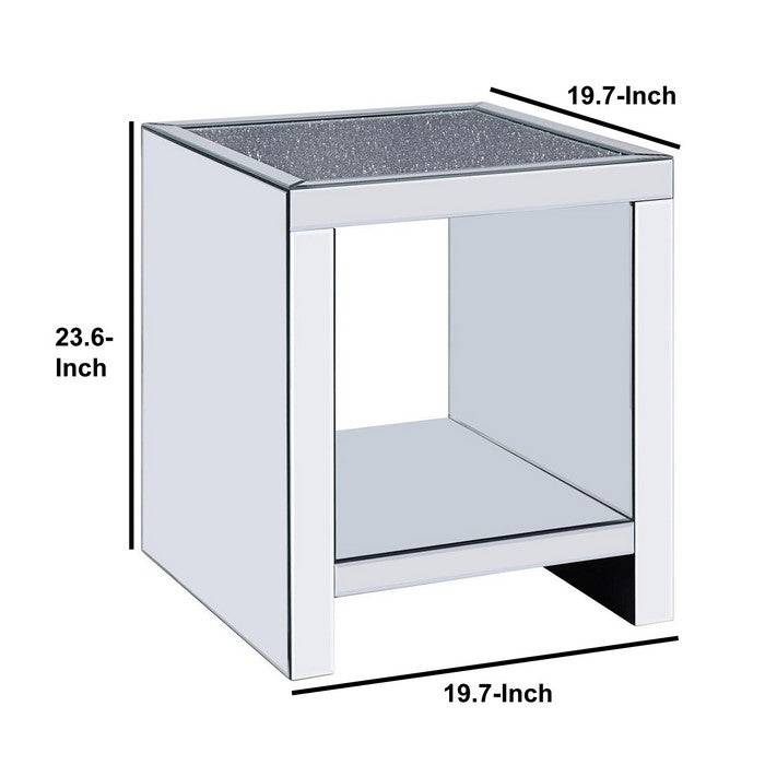 Wood and Mirror End Table with One Shelf, Clear