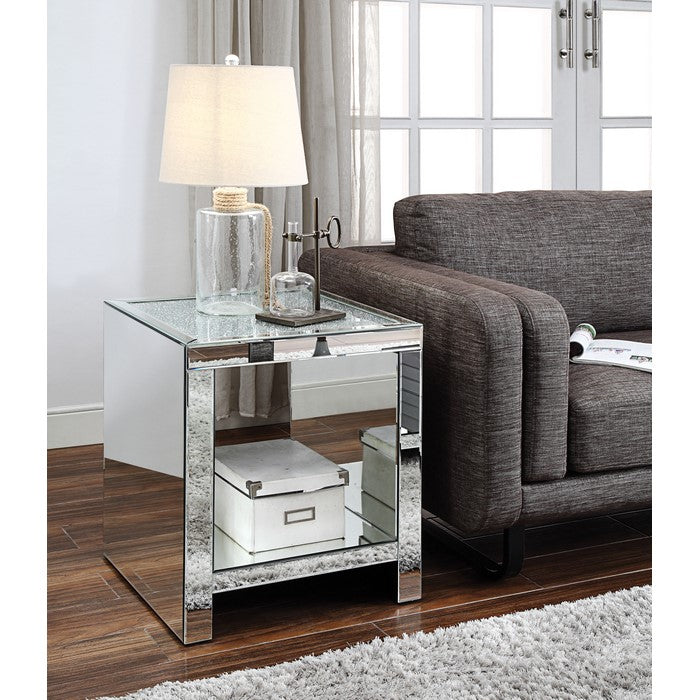 Wood and Mirror End Table with One Shelf, Clear
