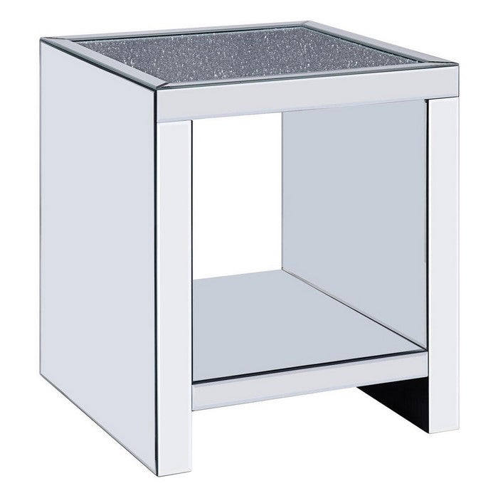 Wood and Mirror End Table with One Shelf, Clear