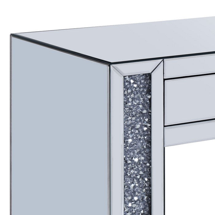 Mirrored Vanity Desk with Encrusted Diamond Inlay and Panel Support, Silver