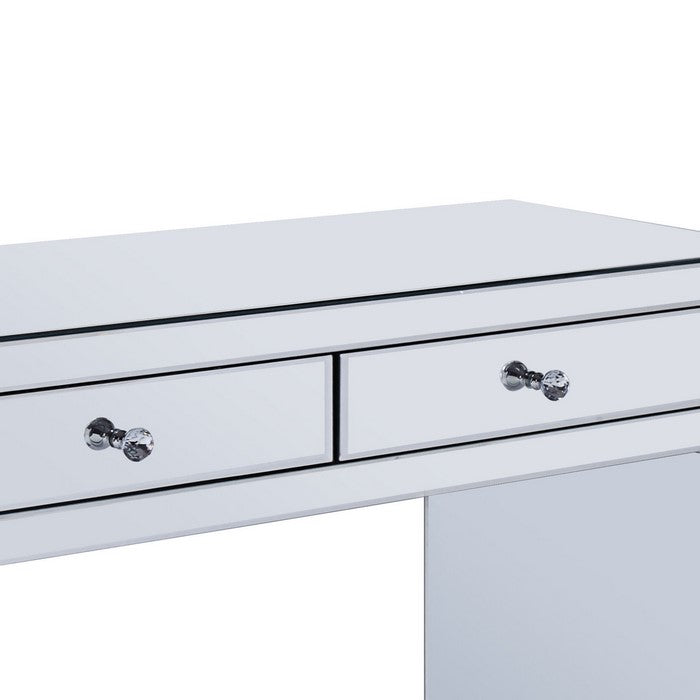 Mirrored Vanity Desk with Encrusted Diamond Inlay and Panel Support, Silver