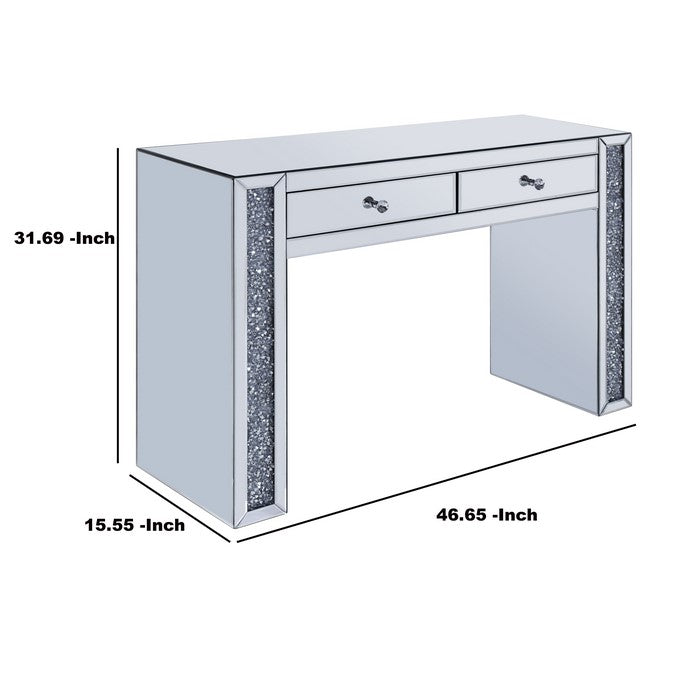 Mirrored Vanity Desk with Encrusted Diamond Inlay and Panel Support, Silver