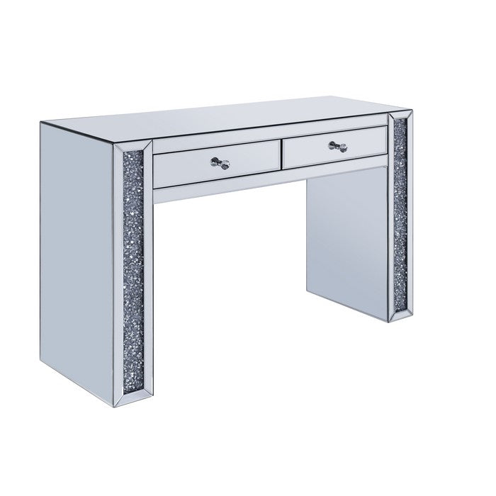 Mirrored Vanity Desk with Encrusted Diamond Inlay and Panel Support, Silver