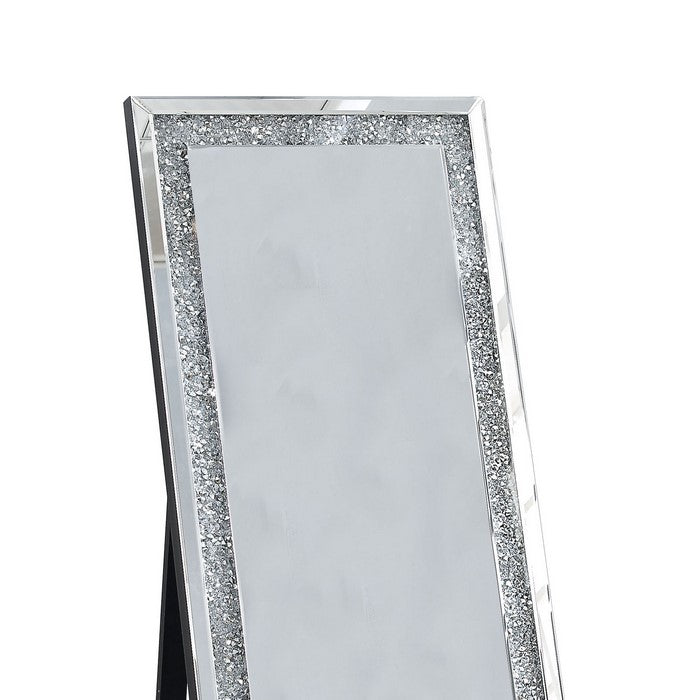 Faux Crystal Accented Wooden Floor Mirror, Clear and Silver