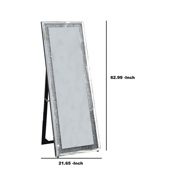 Faux Crystal Accented Wooden Floor Mirror, Clear and Silver